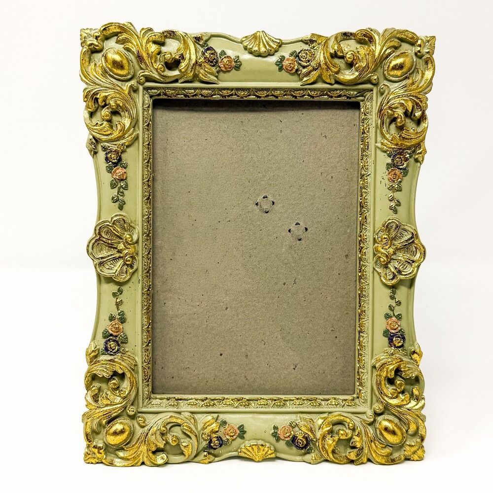 Vintage Rococo Picture Frame 5x7 Gold Gilt Green Floral Baroque Ornate Easel